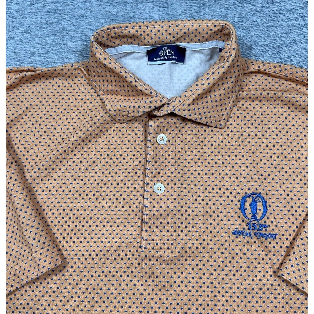 The Open by Marbas Polo Shirt Mens Large Orange Polka Dot 152nd Royal Troon Golf